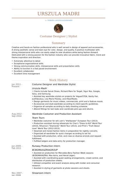 costume designer /  wardrobe stylist Resume example Wardrobe Stylist Aesthetic, Fashion Stylist Resume, Designer Wardrobe, Cv Examples, Job Resume, Costume Designer, Wardrobe Stylist, Cv Template, Resume Design