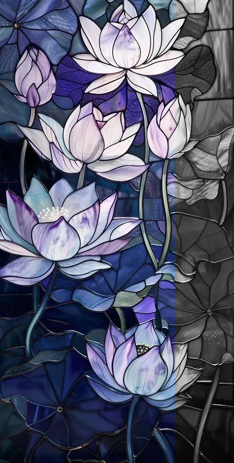 Full Color Image in ai-img-gen.com 🔸 A close up of a stained glass window with lotus flowers in light purple and blue colors, with delica... 🔸 From Midjourney AI Image Floral Stained Glass Windows, Lotus Flower Stained Glass Pattern, Lotus Stained Glass Pattern, Easy Stained Glass Art, Stained Glass Lotus Flower, Stained Glass Patterns Flowers, Simple Stained Glass Designs, Flower Stained Glass Patterns, Stained Glass Wallpaper