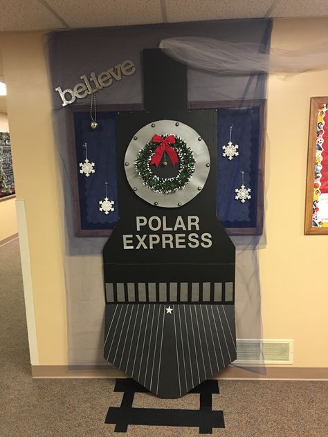 Polar Express Decorations Diy, Polar Express Photo Booth, Christmas Door Decorations For School Polar Express, Polar Express Door Decorations Classroom, Polar Express Desk Decorations, Polar Express Classroom Decorations, Polar Express Office Theme, Polar Express Hallway Decorations School, Polar Express School Hallway