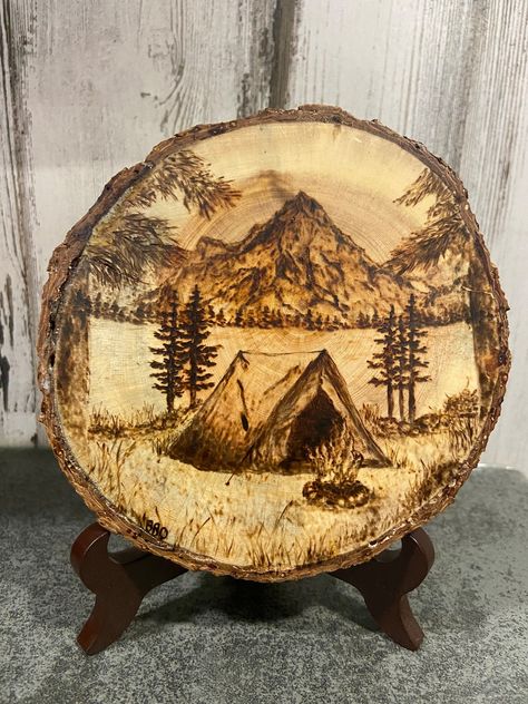 CalmMountainArt - Etsy Canada Mountains Wood Burning, Woodburn Mountains, Cozy Tent, Bark Edge, Pottery Lessons, Wood Display Stand, Mountain Camping, Woodburning Projects, Wood Burning Crafts