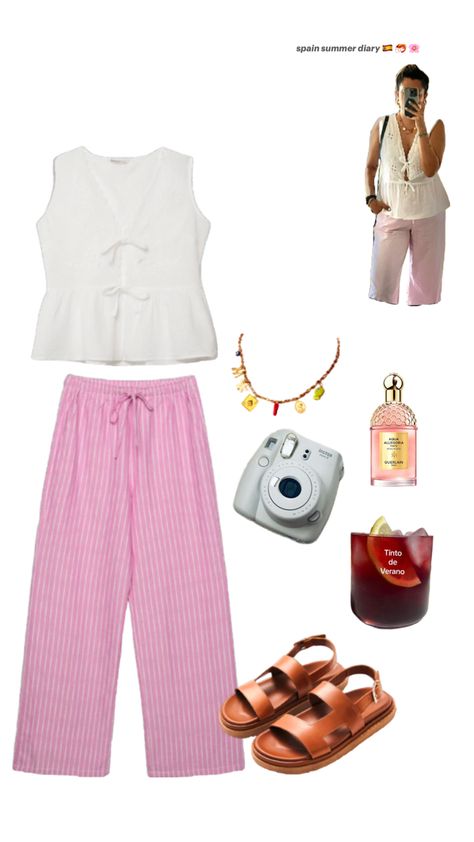 spain summer outfit, comfortable summer outfit, white linen top, summer pants, pink summer pants, pinstripe pants, summer vibes Spain Summer Outfit, Comfortable Summer Outfits, Spain Summer, White Linen Top, Outfit Comfortable, Outfit White, Pinstripe Pants, Pants Summer, Closet Inspiration