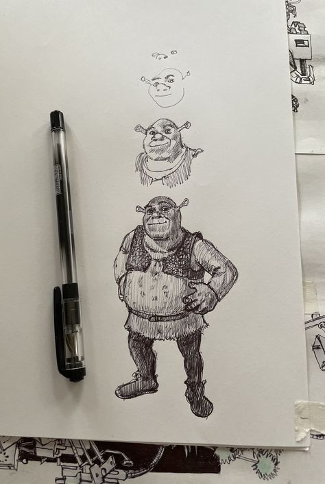 Shrek Sketch, Shrek Drawing, Process Drawing, Baseball Drawings, Lord Farquaad, Cute Doodle Art, Shrek, Green Man, Cute Doodles