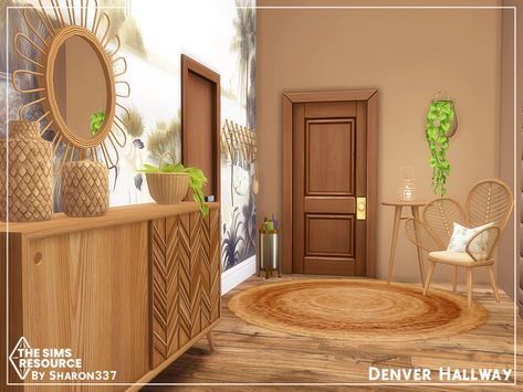 Sims 4 Hallway Ideas, Sims 4 Hallway, Sims Decor, Boho Hallway, Upstairs Hallway Ideas, Entry Storage, Foyer Furniture, San Myshuno, Sims 4 Tsr