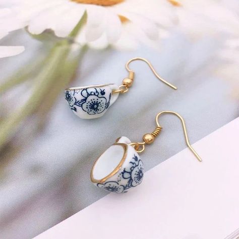 mini teacup earrings 🔍SD4762344 Coffee Cup Earrings, Tea Cup Earrings, October Jewelry, Mini Coffee Cups, Unique Drop Earrings, Porcelain Earrings, Set Earrings, Ceramic Earring, Blue Earrings