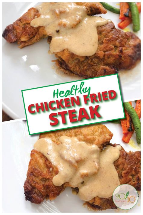 Chicken Fried Steak! https://www.9010nutrition.com/blog/recipe/healthy-chicken-fried-steak/ #cleaneating #healthyfood #realfood #9010nutrition #cleaneats #healthyrecipes #cleaneatingrecipe #chickenfriedsteak #comfortfood #healthycomfortfood Healthy Chicken Fried Steak Recipe, Low Carb Chicken Fried Steak, Healthy Chicken Fried Steak, Low Sodium Fried Chicken, Healthy Country Fried Steak, Country Fried Steak Recipe, Chicken Fried Steak Recipe, Fried Steak Recipes, Clean Dinner Recipes