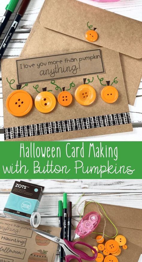 Buttons make crafting so much fun. I love them for sewing and stitching but also think that they are great for gluing on to paper crafts and cards. Let’s do a little Halloween Card Making with Button Pumpkins to create a darling way to send some kindness in the mail. Kindness notes are always a super great idea because no message means quite as much as one written by hand. Materials Needed for Halloween Card Making with Button Pumpkins Therm-O-Web Zots Orange Buttons Card Stock… Kindness Notes, Halloween Cards Diy, Pumpkins Diy, Autumn And Halloween, Flair Pens, Halloween Cards Handmade, Paper Craft Supplies, Halloween Card, Quick Cards