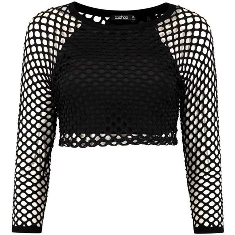 Boohoo Una 3/4 Sleeve Large Fishnet Crop Top ($20) ❤ liked on Polyvore featuring tops, black off shoulder top, flat top, black body suit, embellished crop top and off shoulder top Fishnet Long Sleeve Top, Fishnet Shirt, Crop Tops Shirts, Fishnet Crop Tops, Embellished Crop Top, Shirts Crop, Crop Top Outfits, Tops Black, Top Crop