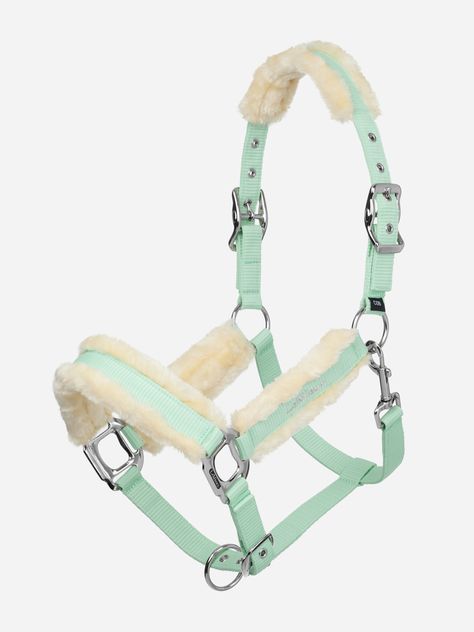 Pamper your pony just like Harlow's ponies, with this soft faux fur-lined halter in Harlow's favourite Softmint green. Luxurious lining on the headpiece, cheekpieces and noseband makes this an extra-special purchase. Perfect for catching, leading, and tying up, practising those tricky quick-release knots will be easy with the matching soft and flexible lead rope. This halter is fully adjustable with buckles on both sides and a trigger clip at the throatlash. Matching Harlow Collection horse and rider wear to create the perfect look are available. Halters For Horses, Quick Release Knot, Horse Halters, Ice Blue Color, Mulberry Color, Rope Halter, Mink Colour, Shetland Pony, Farm Stuff