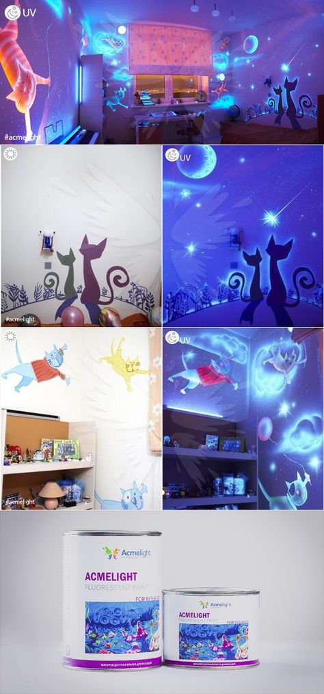 The original design of the children's room made with fluorescent paint. The paint is easy to use and suitable for application with a brush, and airbrush or a spray gun. You can get a consultation or make an order by:tel. +380675947600, +7 495 266-68-15 Viber / WhatsApp / Telegram +380663345675 Skype: acmelight_support_gm Email: acmelight@ua.fm #luminescent #glow #paint #photoluminescent #flur #neon #flurdesign #painting #airbrushing #nursery Game Room Kids, Enchanted Forest Theme, Fluorescent Paint, Diy Spray Paint, Glow Paint, Forest Theme, Airbrush Art, Enchanted Forest, Wall Paint