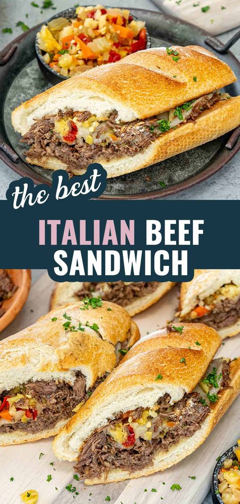 You’ve got to try this delicious Instant Pot Italian Beef Sandwich! Tender beef, tangy pepperoncini, and crunchy giardiniera all in one bite. #InstantPot #ItalianBeefSandwich Shredded Beef And Pork Sandwiches, Beef Roast Recipe, Shredded Beef Sandwiches, Italian Beef Sandwich, Italian Beef Recipes, Slow Cooker Italian, Beef Sandwich Recipes, Slow Cooker Italian Beef, Food Dinners