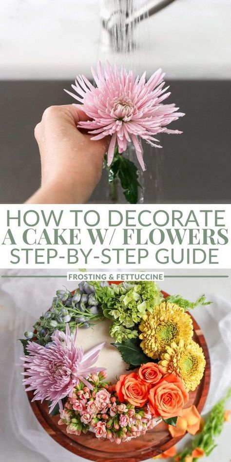 Wedding Cakes Edible Flowers, How To Use Real Flowers On A Cake, One Layer Cake With Flowers, Diy Flower Cake Decorating, Decorating Cake With Real Flowers, Cake Decorating With Fresh Flowers, How To Add Flowers To A Cake, Adding Flowers To Cake, Fresh Flowers On Wedding Cake