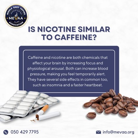 Caffeine and nicotine are both chemicals that affect your brain by increasing focus and physiological arousal. Both can increase blood pressure, making you feel temporarily alert. They have several side effects in common too, such as insomnia and a faster heartbeat. Contact Us: 📞+971 50 429 7795 📩info@mevaa.org #vaping #smokefree #vapecommunity #vapelife #vapelove #healthylifestyle #vapinglife #tobaccofree #vapingrevolution #vapetricks #vapesociety #VapeDubai #nicotine Fast Heartbeat, Increase Blood Pressure, Natural Cleaners, Your Brain, Insomnia, Blood Pressure, Side Effects, In A Heartbeat, Make You Feel