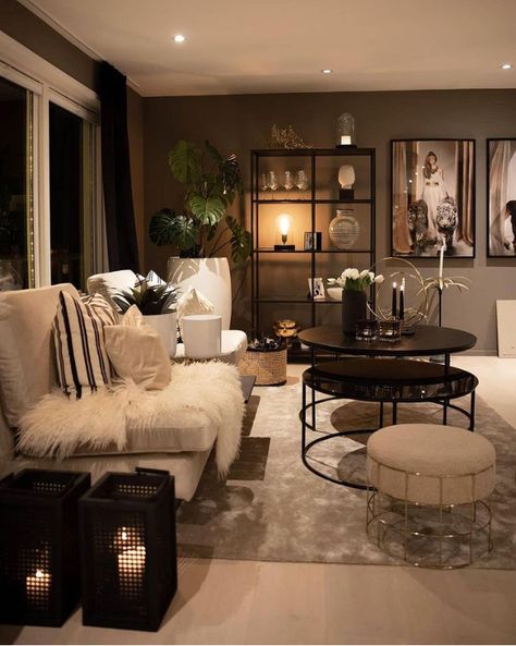 Nuetral Pallete Living Room With Black, Black Brown Home Decor, Black And Brown Home Aesthetic, Dark Romantic Living Room, Black Brown And White Living Room, Dark Neutral Home Decor, 90s Living Room Aesthetic, Black Aesthetic Living Room, Black Beige Living Room