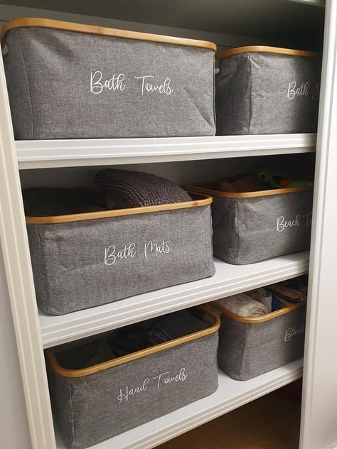 Linen Cupboard Organisation, Cupboard Organisation, Laundry Cupboard, Bathroom Linen Closet, Linen Closet Storage, Closet Organisation, Airing Cupboard, Organising Ideas, Pantry Organisation