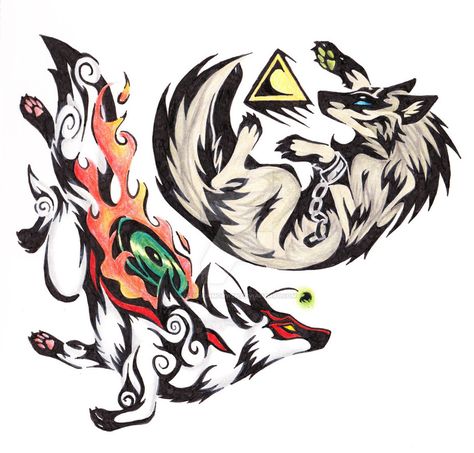 Okami Tattoo, Amaterasu Okami, Okami Amaterasu, Wolf Link, A Tattoo Design, Zelda Tattoo, Gamer Tattoos, Princess Tattoo, Two Wolves