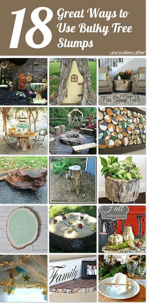 18 Great Ways to Upcycle Tree Stumps - Uncookie Cutter Tree Stumps Diy, Light Fixture Makeover, Diy Cabin, Garden Furniture Design, Landscaping Trees, Tree Stumps, Outdoor Trees, Wood Furniture Diy, Tree Stump