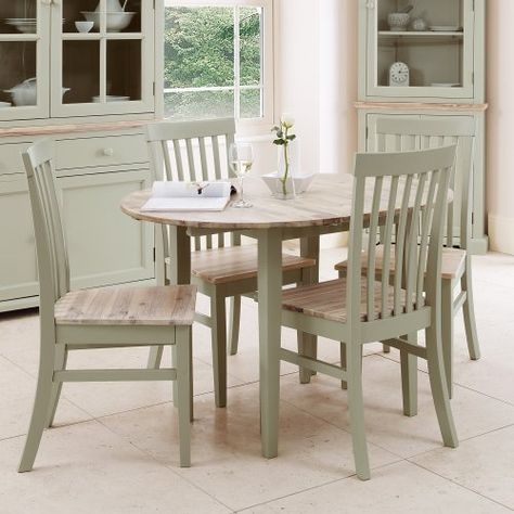 Florence round extended table, sage green - Amazon £150 table + £55 per chair + £10 P&P (£380 total) 92 x 92-117cm Sage Green Kitchen Chairs, Sage Dining Table, Sage Green Kitchen Table, Sage Green Dining Chairs, White Round Kitchen Table, Round Kitchen Table And Chairs, Small Round Kitchen Table, Sage Green Table, Round Kitchen Table Set