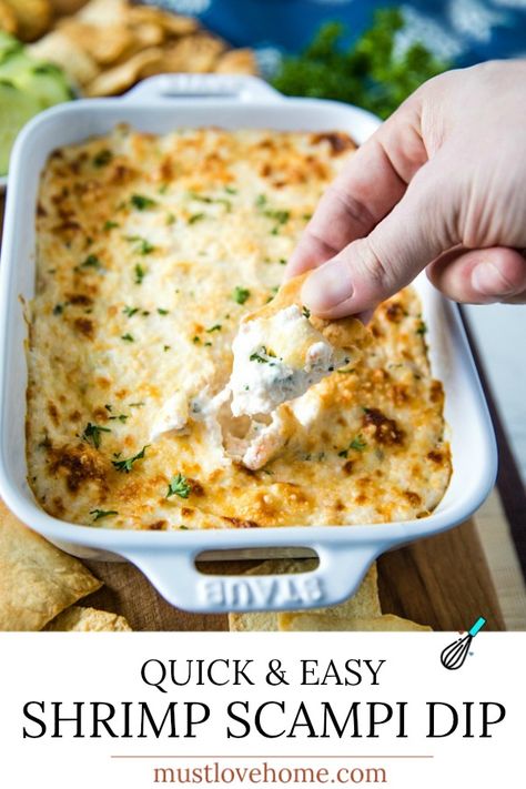 Easy Shrimp Scampi Dip is full of flavor and baked to creamy perfection. This crowd winner is simple to make with cooked shrimp in only 30 minutes. #mustlovehomecooking #shrimpdip #partyfood Shrimp Scampi Dip, Easy Shrimp Scampi, Cooked Shrimp, Shrimp Dip, Delicious Dips Recipes, Easy Shrimp, Shrimp Scampi, Yummy Dips, How To Cook Shrimp