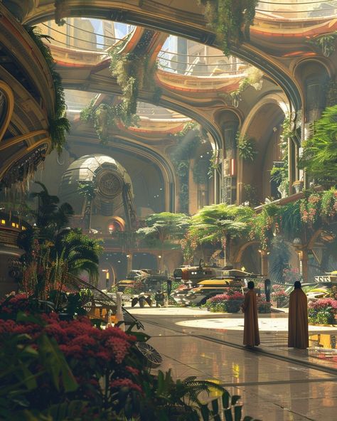 Change it up! What would this look like with cool light or everyone walking around in suits?⁠ ⁠ ⁠ concept art of the interior space in an alien world, ornate architecture with plants and flowers growing on it, people walking around wearing robes, high ceiling, large arched doorways, warm lighting, cinematic --ar 4:5 --v 6.0⁠ ⁠ ⁠ ⁠ #art #landscape #conceptart #futuristic #scifi #fantasy #midjourneyart #aiart #aiartork #digitalart #gameart #scifiartwork #sciencefictionart #utopia #rpg #ttrpg #s... High Fantasy Concept Art, Alien World Concept Art, Fantasy World Concept Art, Ornate Architecture, Fantasy Interior, Arched Doorways, Scifi Artwork, Flowers Growing, Building Concept