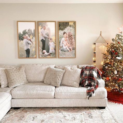 Portraits Behind Couch, Living Room Pictures Above Sofa, Behind The Couch Wall Decor Family Photos, Family Portraits In Living Room, Living Room Wedding Photo Display, Family Photo Wall Above Couch, Above Sectional Couch Wall Decor, Family Photos Over Couch, Picture Wall Ideas Above Couch