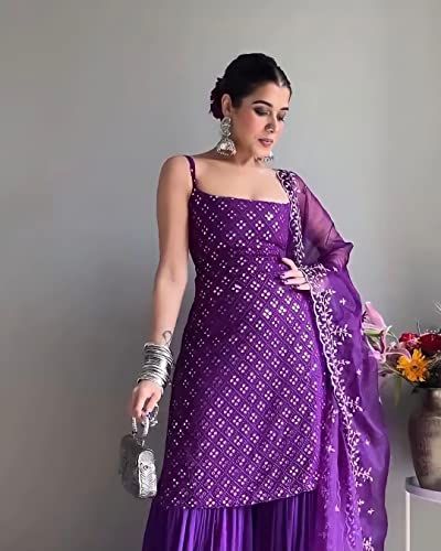 Dupatta Embroidery, Women Salwar Suit, Georgette Sharara, Crop Top Lehenga, Simple Lehenga, Kurta Sharara Set, Kurta Sharara, Women Kurta, Purple Suits