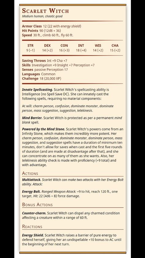 Scarlet witch: You took everything from me Thanos:i dont remember you Scarlet witch: you will Dnd Witch Stat Block, Dnd Witch Stats, Disney Dnd, Dnd Witch, Stat Block, Dnd Stats, Dnd Campaign, Dnd World Map, Dnd Races