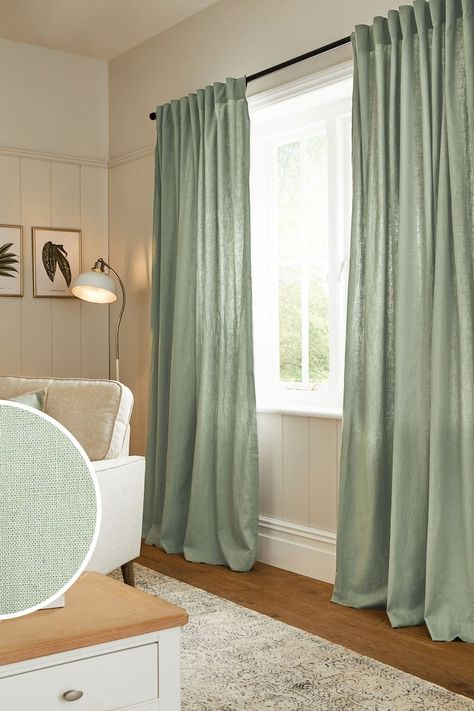 Green Curtains Living Room, Green Curtains Bedroom, Sage Green Curtains, Sage Curtains, House Bedroom Ideas, White Room Decor, Feminine Bedroom, Layered Curtains, Green Curtains