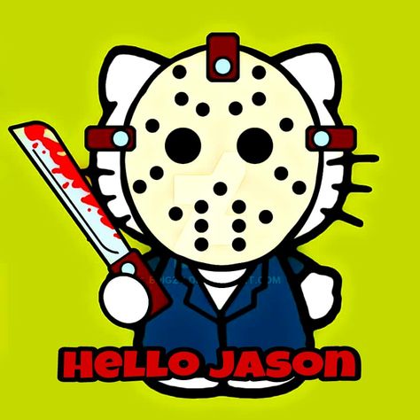 HORROR MOVIE ICONS: THE "FRIDAY THE 13TH" MOVIE SERIES. Hello Kitty Jason, Hello Kitty As Horror Movies, Hello Kitty Movie Posters, Hello Kitty Freddy Kruger, Hello Kitty Horror Characters, Horror Hello Kitty, Hello Kitty Horror, Hello Kitty Tattoos, Scary Movie Characters