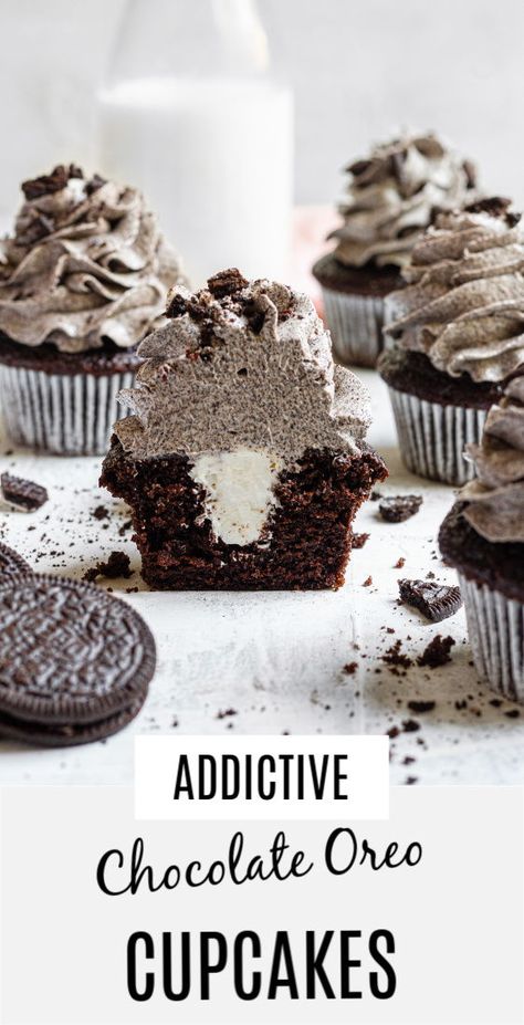 These Chocolate Oreo Cupcakes are not only tender, creamy, and moist but they are also loaded from the inside out with Oreo buttercream making then the most addictive cupcakes! |#chocolatecupcakes #easychocolatecupcakes #chocolatecupcakesrecipe #oreocupcakes #moistchocolatecupcakes #easycupcakesrecipe #easyoreocupcakerecipe #oreo #oreocookies #oreorecipe  #chocolateoreocupcakes #buttercream #oreobuttercream #oreofilling| Stuffed Cupcake Recipes, Gourmet Cupcakes Flavors, Bakery Style Cupcakes, Unique Cupcake Flavors, Unique Cupcake Recipes, Baked Goods To Sell, Chocolate Oreo Cupcakes, Gourmet Cupcake Recipes, Oreo Cupcake Recipe