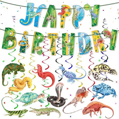 (Sponsored) Reptile Birthday Party Supplies Reptile Swamp Happy Birthday Banner and 12 Pcs Reptile Hanging Swirls Safari Animals Lizard Snake Alligator Turtle Camping Wilderness Jungle Birthday Party Decorations For Kids (As an Amazon Associate I earn from qualifying purchases) #campingparty Reptile Birthday Party Ideas, Funny Reptiles, Alligator Turtle, Jungle Birthday Party Decorations, Reptile Birthday Party, Turtle Frog, Snake Party, Safari Scene, Reptile Party