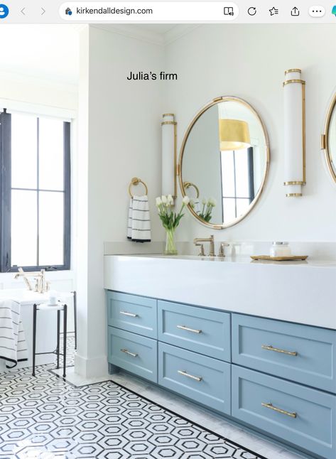 Modern Ranch Bathroom, Bathroom Design Blue, Cabinets With Gold Hardware, Free Standing Soaking Tub, Modern Farmhouse Bathroom Design, Ranch Bathroom, Gold Vanity Mirror, Homes In Florida, Girly Bathroom