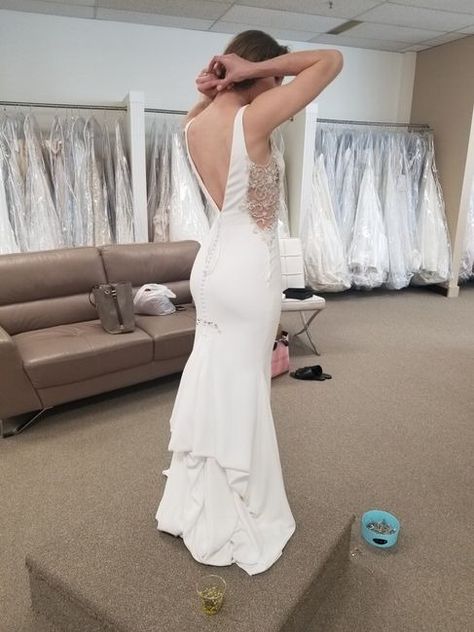 Best Bustle Type for Crepe Fit and Flare?? | Weddings, Wedding Attire | Wedding Forums | WeddingWire Crepe Wedding Dress Bustle, Wedding Dress Bustle Types, Bustle Types, Registry Wedding Dress, Dress Bustle, Wedding Dress Bustle, Crepe Wedding Dress, Fit And Flare Wedding Dress, Fitted Wedding Dress