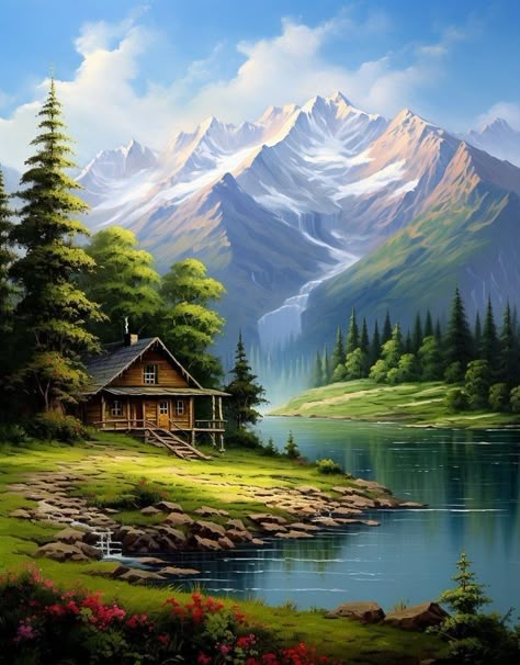 Watercolor Scenery, Beautiful Landscape Paintings, Cabin In The Mountains, Mountain Landscape Painting, Beautiful Landscape Photography, Amazing Paintings, मोबाइल वॉलपेपर, Landscape Photography Nature, Landscape Art Painting