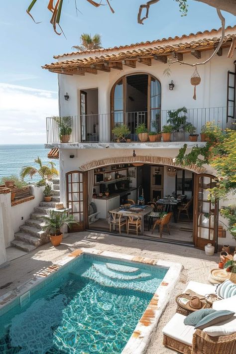 Italian Beach House Aesthetic, Beach Mediterranean House, Mediterranean Summer House, Mideterranean House Aesthetic, Beach House Mexico, Beach House Mediterranean, Spanish Style Beach House, Medditeranean House, Mediterranean House Aesthetic