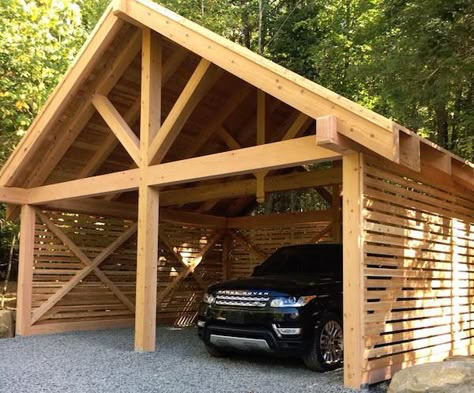 Three Cedar Projects in Three Days with Colin & Justin Carport With Wood Slats, Wooden Carport Ideas, Diy Wood Carport, Cedar Carport Ideas, Cedar Carport, Carport Pavilion, Cedar Projects, Wooden Garages, Wooden Carports