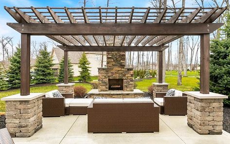 Wood pergola with fireplace and outdoor furniture Pool Pergola With Fireplace, Pergola And Fireplace, Pergola With Fireplace, Pergola Dimensions, Miami Backyard, Pergola Fireplace, Garden Cinema, Large Pergola, Mallorca House