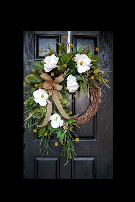 Southern Front Door Decor, Wreaths For Double Front Doors Entrance, Gray Wreaths For Front Door, Magnolia Door Wreath, Magnolia Grapevine Wreath, Wreath For Black Front Door, French Country Wreath, Grapevine Wreath Ideas Year Round, Spring Wreaths 2024