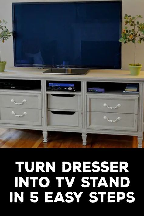 How to Turn Dresser Into TV Stand How To Turn A Dresser Into A Tv Stand, Diy Dresser Tv Stand, Repurpose Dresser To Tv Stand, Dresser Into Tv Stand, Tv Stand Upcycle, Functional Tv Stand, Dresser Tv Stand, Repurposed Dresser, Taking Up Space