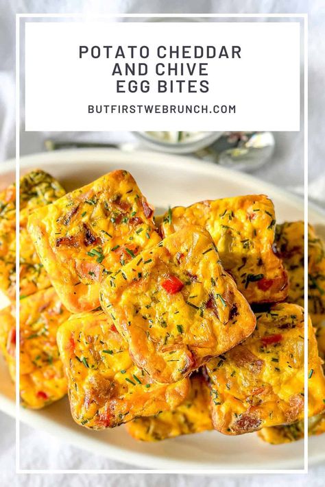 Potato Cheddar and Chive Egg Bites (Better-than-Starbucks Copycat) - But First We Brunch! Potato Egg Bake, Starbucks Egg Bites Recipe, Bagel Breakfast Sandwich, Starbucks Egg Bites, Baked Eggs Recipe, Cheese Omelet, Egg Bites Recipe, Breakfast Bagel, Potato Bites