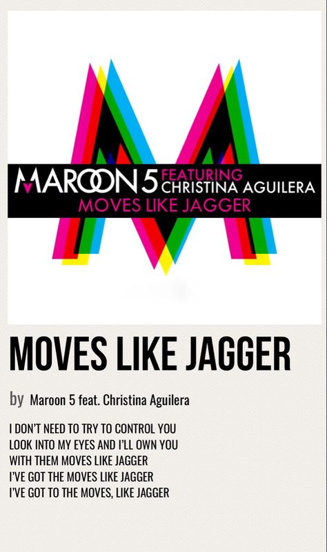 minimal poster of the song moves like jagger by maroon 5 English Music, Moves Like Jagger, Music Poster Design, Minimal Poster, Look Into My Eyes, Music Posters, Maroon 5, Christina Aguilera, Music Poster