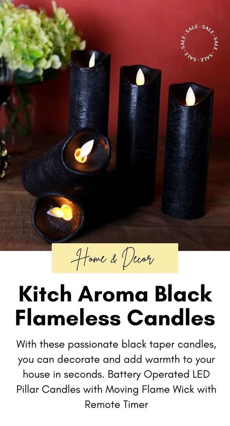 Kitch Aroma Black Flameless Candles (2023) Candles 2023, Candles Black, Black Taper Candles, Candle Modern, Flameless Candle Set, Led Pillar Candle, Black Candles, Flameless Candles, Designer Candles