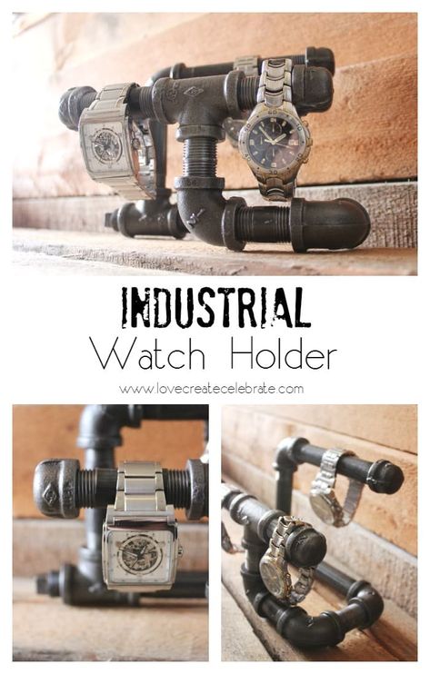 Make your own DIY industrial watch holder. This watch holder DIY would be a great gift for anyone! It only takes a few supplies and an afternoon to make your own. Industrial Diy Decoration Ideas, Industrial Diy Decoration, Industrial Closet, Surprise Gifts For Him, Industrial Diy, Masculine Decor, Industrial Home Design, Gifts For Her Birthday, Jewelry Holders