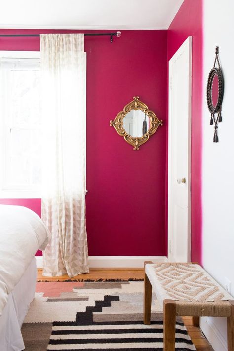 Magenta Room Color, Modern Accent Wall Colors, Pink Accent Wall Office, Magenta Wall Paint, Pink Accent Wall Bedroom, Mid Century Modern Accent Wall, Unique Accent Wall Ideas, Ideas For Accent Walls, Pink Accent Wall