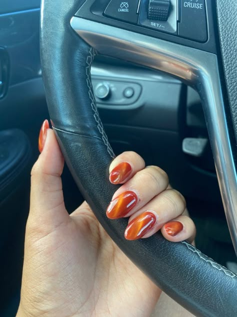 Fall Color Changing Nails, Burnt Orange Shimmer Nails, Fall Nails Ideas Autumn Burnt Orange, Orange Magnetic Nails, Jelly Orange Nails, Orange Velvet Nails, Burnt Orange Cat Eye Nails, Orange Nails Ideas Fall, Red Orange Aura Nails