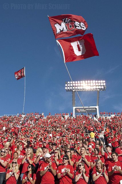 Utah Utes Fans by Mike Schmidt U Of Utah, University Of Utah Football, College Gameday Signs, Utah Utes Football, College Core, Utah Football, Student Section, Byu Football, College Gameday Outfits