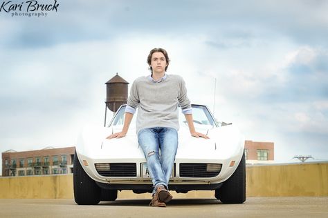 2016 High School senior guy  pictures urban downtown photo shoot session ideas. Urban inspiration with skyline with car corvette. Kari Bruck Photography Johnston Iowa Corvette Senior Pictures, Senior Pictures With Car, Corvette Photoshoot, Senior Cars, Car Senior Pictures, Hockey Senior Pictures, Car Corvette, Senior Photos Boys, Grad Photography