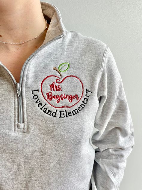 School Jacket, Teacher Wardrobe, Personalized Teacher Gifts, Teacher Outfits, Quarter Zip Sweatshirt, Personalized Hoodies, Personalized Embroidered, Embroidered Sweatshirts, School Shirts