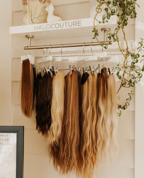 Aesthetic Hair Extensions, Hair Extension Display Rack, Hair Extension Studio, Hair Extension Display Wall, Hair Salon Boutique Ideas, Hair Salon Esthetics, Hair Extension Wall, Salon Vision Board, Hair Extension Display Ideas