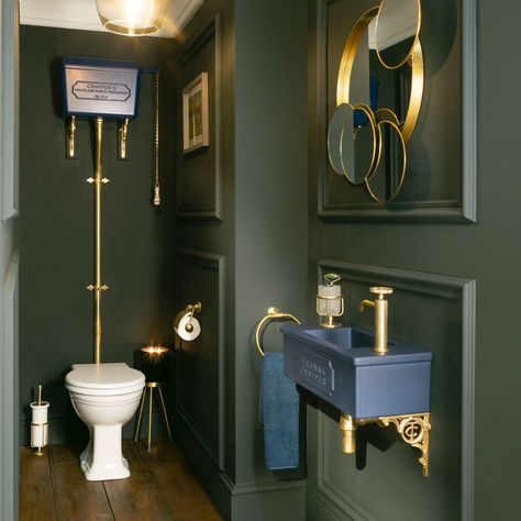 Thomas Crapper & Co on Instagram: “We are very proud to announce we have a newcomer joining our cloakroom basin range. Our NEW Bentham basin, shown here in Indigo Blue,…” Victorian Wc Ideas, Georgian Downstairs Toilet, Victorian Toilet Ideas, Thomas Crapper Bathroom, Vintage Toilet Design, Victorian Downstairs Toilet, Victorian Toilet Room, Thomas Crapper Toilet, British Bathroom Ideas