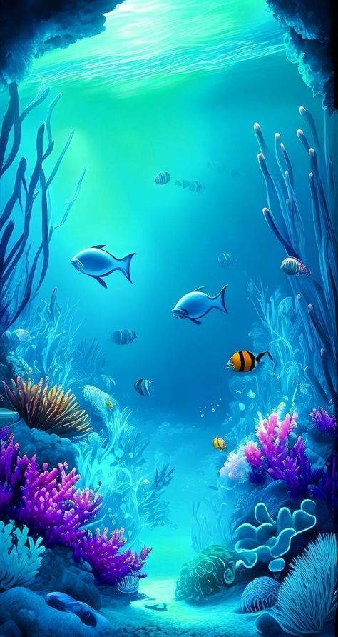 Ocean Fish Aesthetic, Under Water Drawing, Under The Sea Poster, Ocean Creatures Art, Sea Life Wallpaper, Fish Aesthetic, Mermaid Background, Underwater Wallpaper, Fish Background